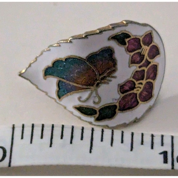 CLOISONNE BLUE BUTERRFLY & FLOWERS POST EARRINGS MULTICOLOR ENAMEL VINTAGE HTF - Picture 8 of 8
